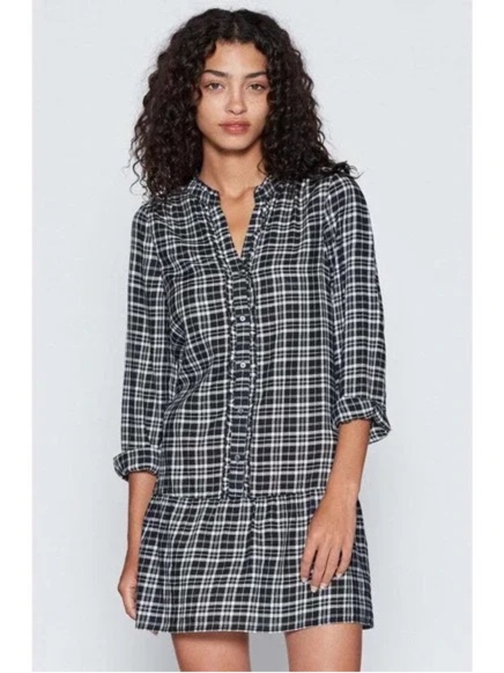 Joie black and white plaid long sleeve mini dress size large